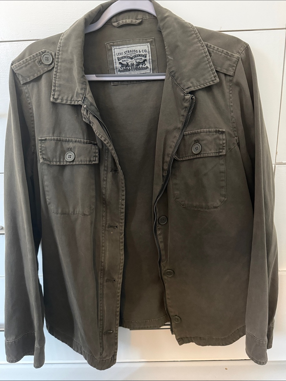 Levi's Women's Army Olive Green Military Field Jacket, Zip & Button, Side tie up